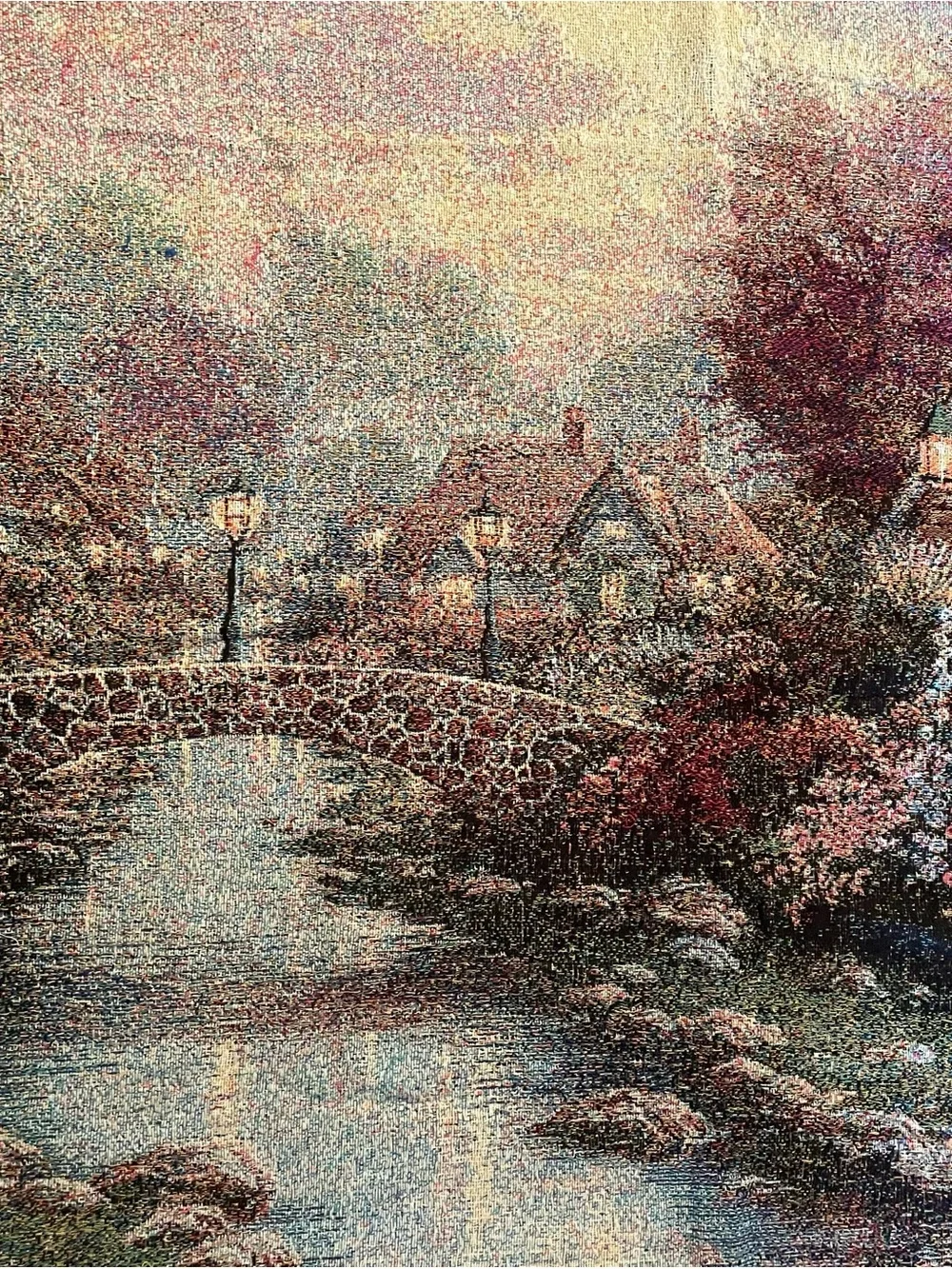 Thomas Kinkade Cottage Bridge Tapestry - Pink & Cream 60x48